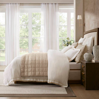 Olliix - Refined Embroidered Linen Blend Duvet Cover Set, White/Gold