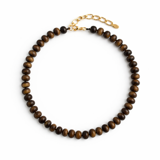 Single-strand tiger-eye brown bead necklace with gold-toned chain and clasp