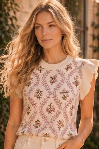 Main Strip - Floral Jacquard Ruffle Sleeve Knit Top