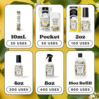Assorted toilet spray bottle sizes, including 2oz trigger bottle and refills