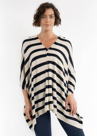 Elietian Line Up Striped Poncho – striped poncho with button-front V-neck, navy and cream vertical stripes