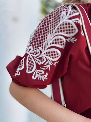 Burgundy Top with Embroidered Sleeve
