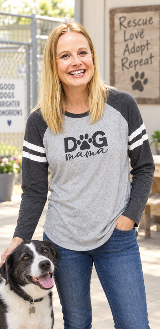 Heather gray baseball tee with black sleeves and white stripes, dog "mama" chest print