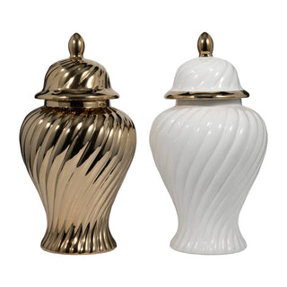 Sagebrook Home - Decorative Jar - Gold Ceramic Swirl Tall Lidded, 20 in.