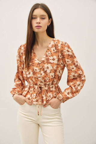 BOHO FLORAL PRINT V-NECK VOLUME SLEEVE BLOUSE
