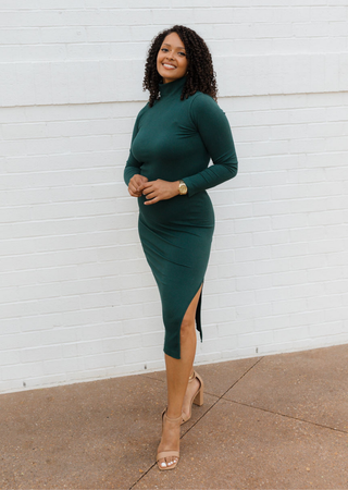 Ribbed L/S Turtleneck Dress: Evergreen