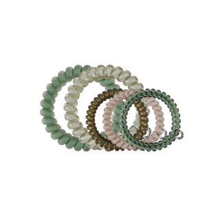 Teleties mixed spiral hair ties in Mossy Moments olive and sage green, shown as a set