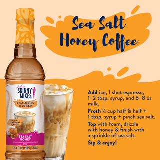 Jordan's Skinny Mixes sea salt honey syrup bottle with orange cap and iced coffee glass