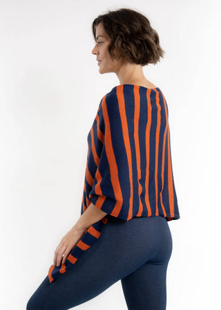 Elietian Line Up Striped Poncho – orange and navy striped poncho with loose sleeves and curved draped back