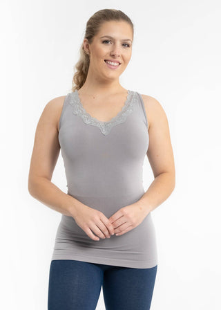 Lace Trim V Neck Tank: Charcoal