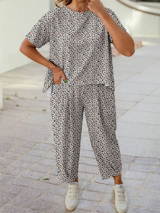 Leopard Loose Tee Drawstring Waist Barrel Pants Set