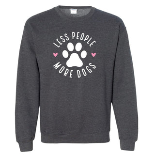 Dark gray crewneck sweatshirt with paw graphic and Less People More Dogs text