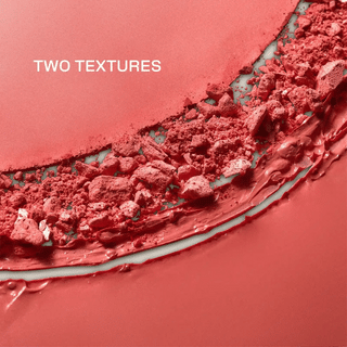 Pink blush texture swatch with creamy stripe and pressed powder crumbs