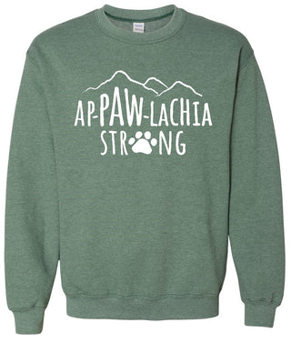 Green Ap-paw-lachia Strong Sweatshirt with white mountain and paw graphic