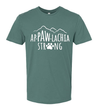 Basil Ap-paw-lachia Strong tee with white mountain and paw graphic