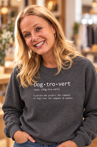 Dark gray Dog-Tro-Vert crewneck sweatshirt with front text graphic