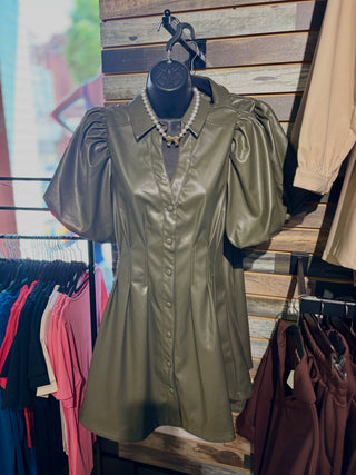 Green Pleather Cinched Waist Dress