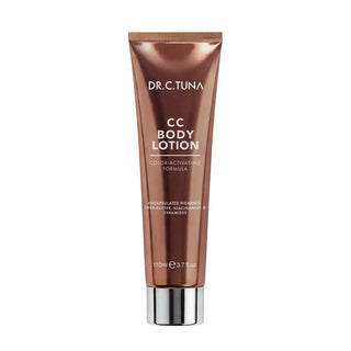 CC body lotion tube, dark shade, metallic pump cap, DR. C.TUNA branding