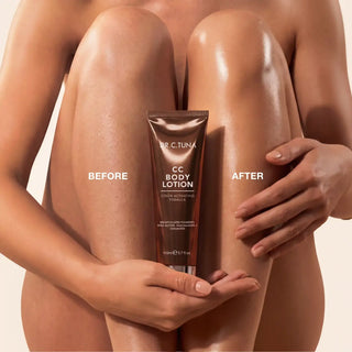 CC body lotion shown on skin with before-and-after dark tone effect