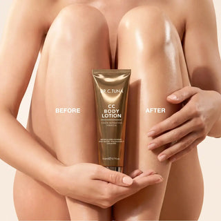 Dr. C. Tuna CC body lotion applied to legs, before and after on skin.