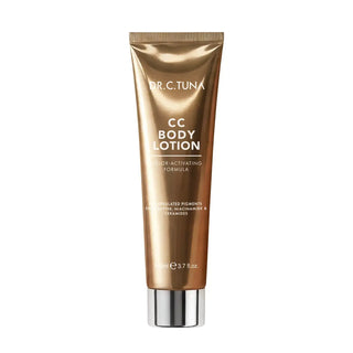 CC body lotion tube by Dr. C. Tuna, light color-activating formula, gold cap.