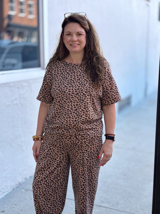 Leopard Loose Tee Drawstring Waist Barrel Pants Set