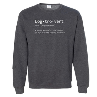 Dark gray sweatshirt with Dog-tro-vert text graphic on front
