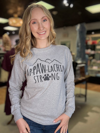 Heather gray Ap-paw-lachia Strong long sleeve tee, worn
