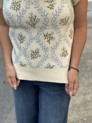 Floral Jacquard Ruffle Sleeve Knit Top