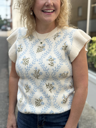 Floral Jacquard Ruffle Sleeve Knit Top