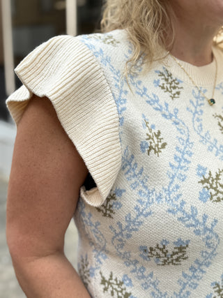 Floral Jacquard Ruffle Sleeve Knit Top