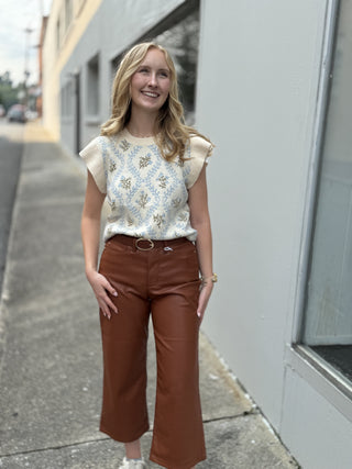 Floral Jacquard Ruffle Sleeve Knit Top