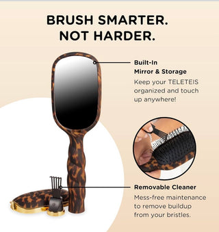 Full-size boar bristle hair brush with dark tortoiseshell case and built-in mirror