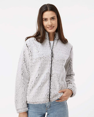 Light gray sherpa full-zip jacket with front zipper and long sleeves