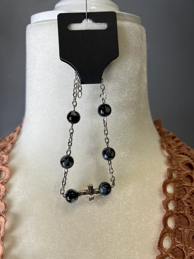 Black Marbled Bead/Silver Chain Cross Bracelet