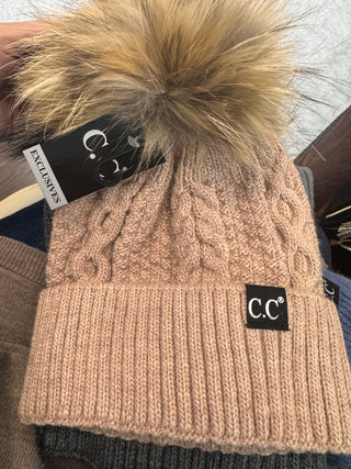 Ribbed Fur Pom Beanie