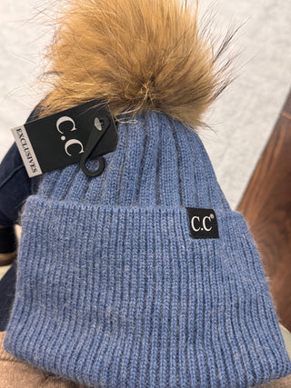 Fuzzy Denim Ribbed Beanie