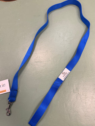 Blue 4 ft dog leash with metal clip and long fabric strap, curved handle