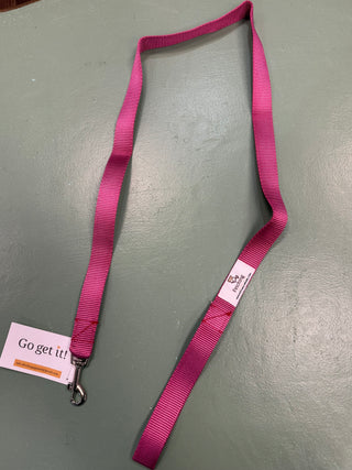 Pink 4 ft dog leash with metal clip and fabric strap, includes hanging tag