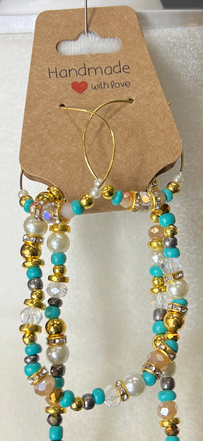 Peach/Gold/Turquoise Earring Set with Long Necklace and Bracelet