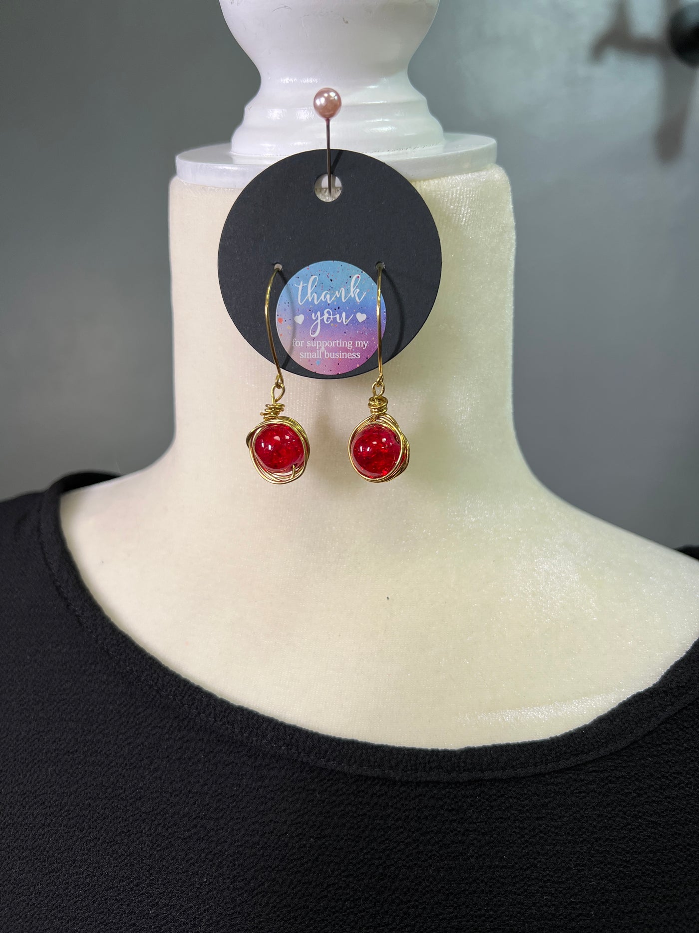 Red Cracked Glass Wire Wrapped Earrings