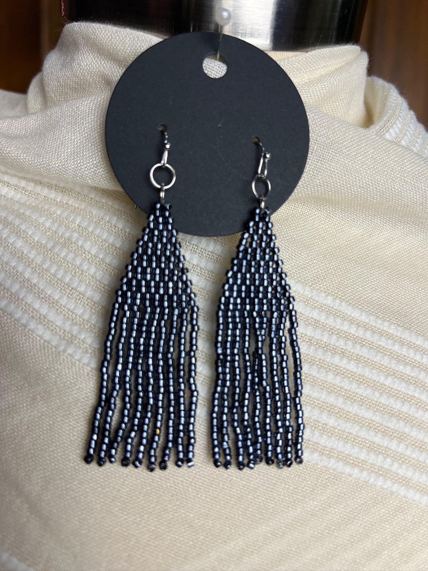 Metallic Blue Beaded Fringe Earrings