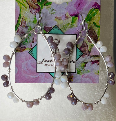 Silver Twist Earrings - Purple and White Small Beads