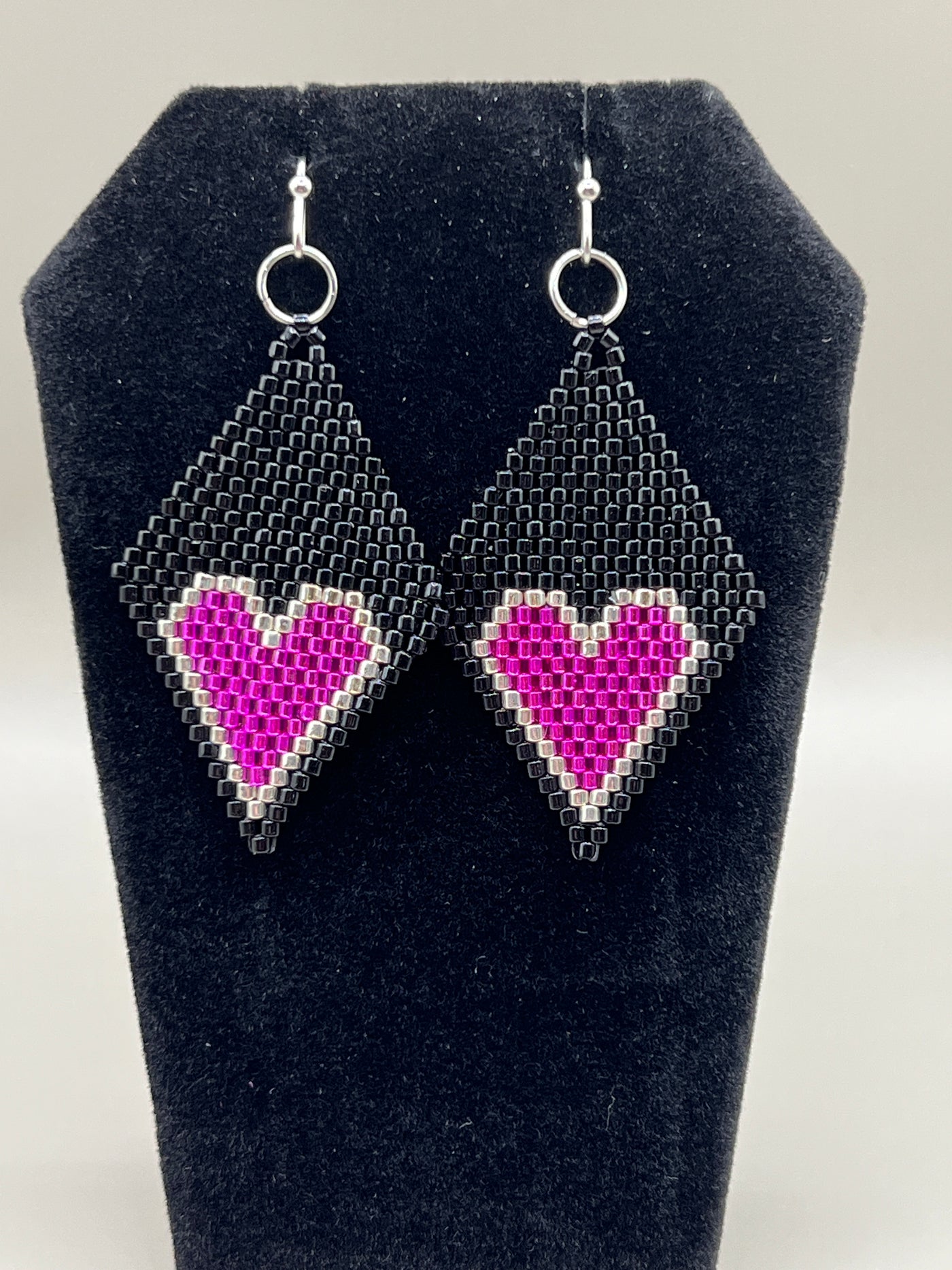 Valentine Diamond Heart Earrings - Black/Silver/Hot Pink