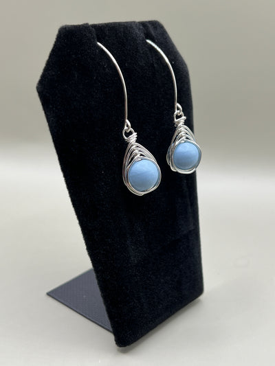 Herringbone Wrapped Earrings- Soft Blue Wooden Bead
