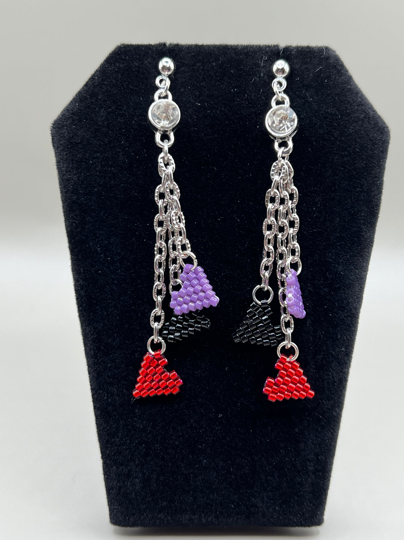 Triple Heart Valentine Earrings - Red/Black/Purple with Rhinestone