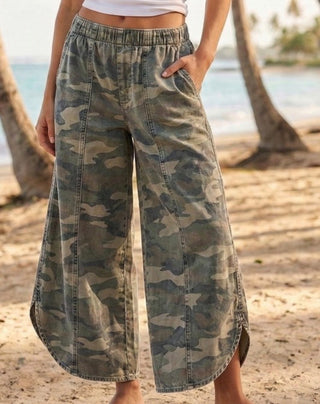 Olive camo pull-on wide-leg crop pants with pockets, elastic waistband.