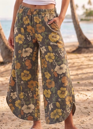 Charcoal floral pull-on wide-leg crop pants with pockets, elastic waistband.