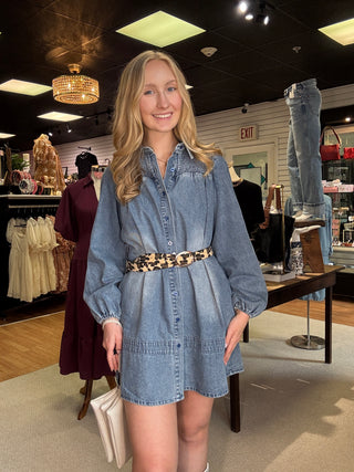 Light-wash denim smocked dress with button front and leopard-print waist belt