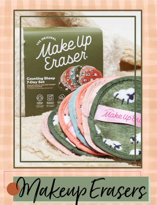 Makeup erasers with a box labeled 'Make Up Eraser' on a textured background.